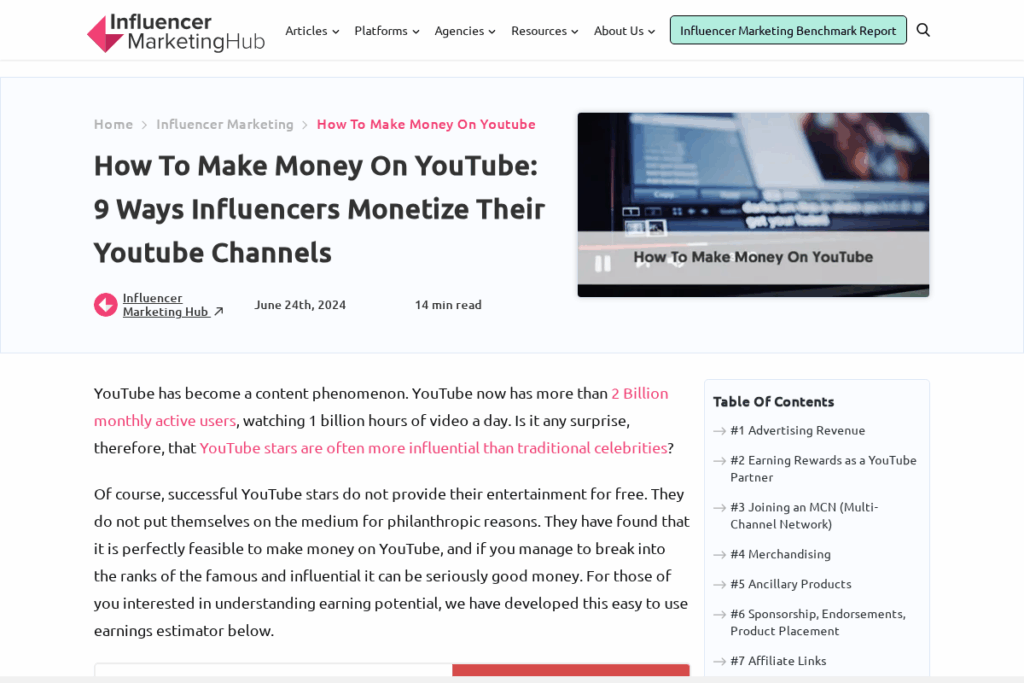 Screenshot of influencermarketinghub.com