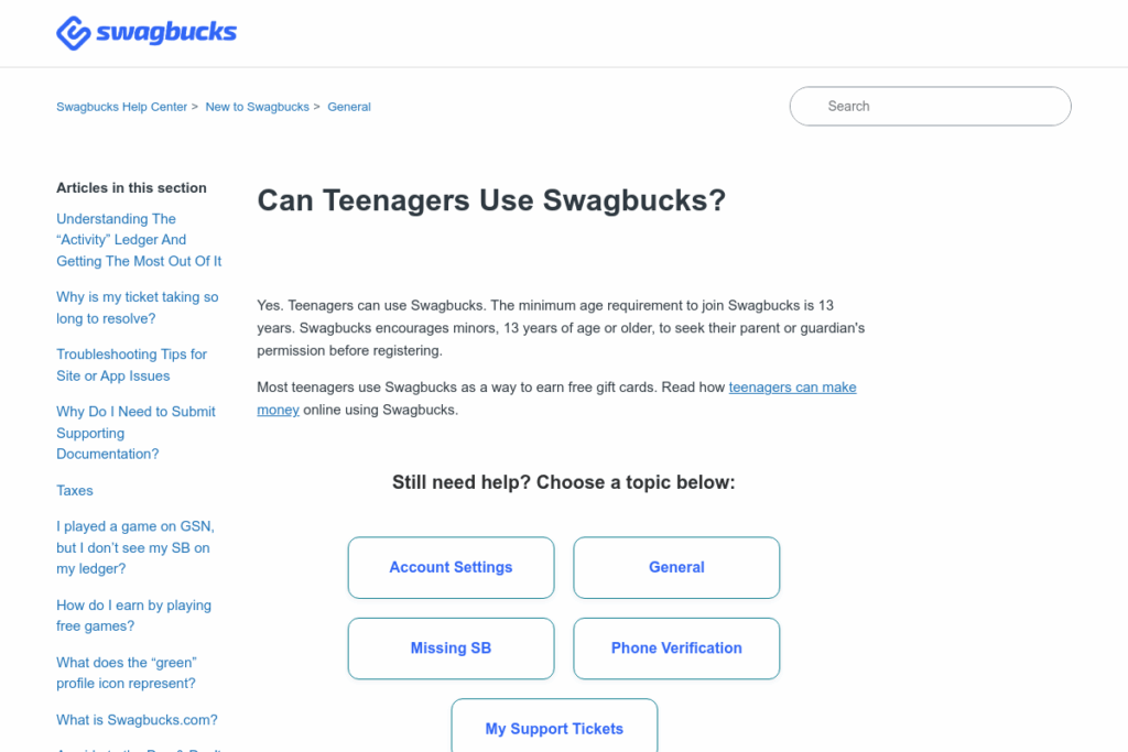 Screenshot of help.swagbucks.com