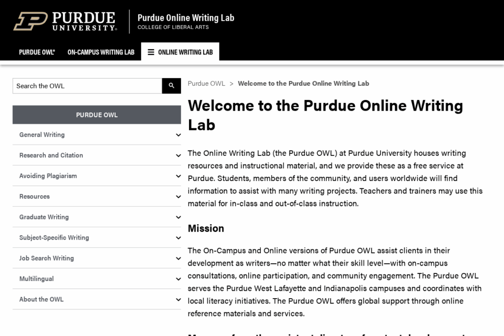 Screenshot of owl.purdue.edu
