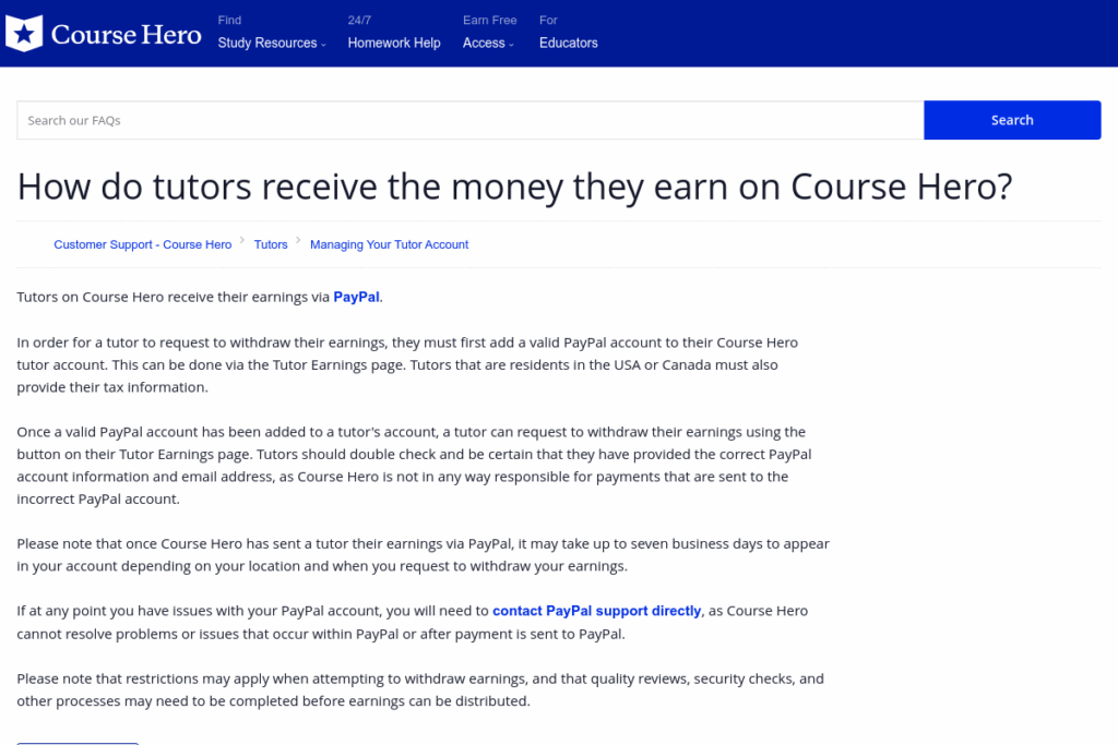 Screenshot of support.coursehero.com