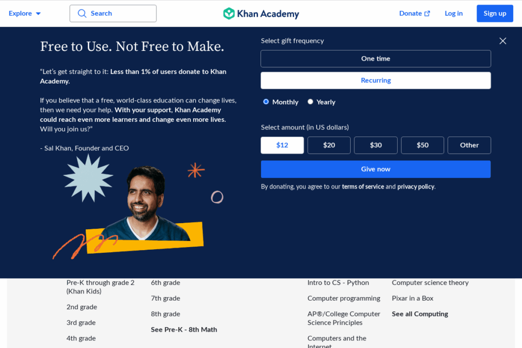 Screenshot of www.khanacademy.org