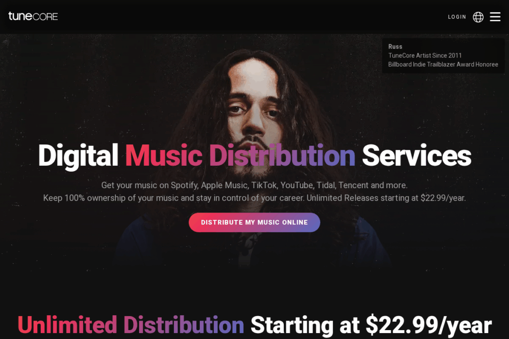Screenshot of www.tunecore.com